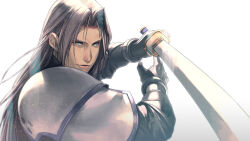 Rule 34 | 1boy, aqua eyes, armor, black gloves, black jacket, fighting stance, final fantasy, final fantasy vii, final fantasy vii remake, gloves, grey hair, high collar, holding, holding sword, holding weapon, jacket, long bangs, long hair, long sleeves, male focus, masamune (ff7), parted bangs, sephiroth, shoulder armor, solo, sword, t3 (19841230), upper body, weapon