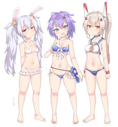 Rule 34 | 3girls, adapted costume, ahoge, alternate costume, animal ears, ayanami (azur lane), azur lane, bare shoulders, barefoot, bikini, breasts, choker, cleavage, collarbone, commentary request, fake animal ears, flat chest, full body, green eyes, groin, hair between eyes, hair ornament, hairband, hairclip, headgear, javelin (azur lane), javelin (beach picnic!) (azur lane), laffey (azur lane), light brown hair, long hair, looking at viewer, multiple girls, navel, official alternate costume, orange eyes, ponytail, purple hair, rabbit ears, red eyes, retrofit (azur lane), sailor collar, sidelocks, silver bell, simple background, small breasts, spaghetti strap, standing, stomach, swimsuit, toes, twintails, white background, white bikini, white hair, wristband