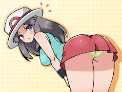 Rule 34 | 00s, 1girl, ass, bare shoulders, bent over, blush, brown eyes, brown hair, chro (rulurullu), clothes lift, creatures (company), from behind, game freak, green panties, hat, leaf (pokemon), long hair, nintendo, panties, pantyshot, pokemon, pokemon frlg, red skirt, skirt, skirt lift, solo, standing, underwear, wristband