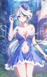 Rule 34 | 1girl, ahoge, alternate costume, bare shoulders, blue dress, blue eyes, blurry, blurry background, blush, breasts, city, cleavage, collarbone, cowboy shot, dress, furina (genshin impact), genshin impact, grey hair, hair between eyes, hair ornament, hand up, highres, hydrokinesis, large breasts, light particles, long hair, looking at viewer, midriff, multicolored hair, navel, outdoors, parted bangs, parted lips, sidelocks, solo, strapless, strapless dress, two-tone hair, water, yeni1871