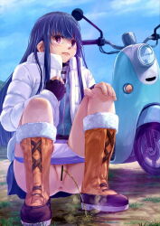 Rule 34 | 1girl, anus, bar censor, blue hair, censored, fingerless gloves, gloves, lunalu9, moped, motor vehicle, outdoors, panties, panty pull, peeing, puddle, purple eyes, pussy, shima rin, solo, squatting, steam, underwear, yurucamp