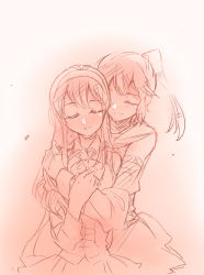 Rule 34 | 2girls, arm belt, assault lily, bow, bowtie, brown background, brown theme, closed eyes, closed mouth, collared shirt, commentary request, detached sleeves, gradient background, hairband, hand on another&#039;s arm, hand on another&#039;s shoulder, hand up, hug, hug from behind, kishimoto maria mirai, layered sleeves, long hair, long sleeves, ludvico private girls&#039; academy school uniform, monochrome, multiple girls, nagasawa yuki (assault lily), neckerchief, one eye covered, parted lips, ponytail, sailor collar, santouka, school uniform, serafuku, shirt, sidelocks, sketch, skirt, sleeveless, sleeveless shirt, smile, standing, upper body, yuri
