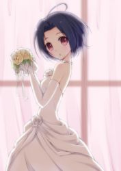Rule 34 | 1girl, :o, ahoge, bare shoulders, blue hair, blush, bouquet, bride, chm (macharge), dress, elbow gloves, female focus, flower, gloves, idolmaster, idolmaster (classic), indoors, jewelry, looking at viewer, miura azusa, necklace, pearl necklace, plant, red eyes, short hair, solo, wedding dress
