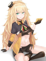 Rule 34 | 1girl, :q, absurdres, arm support, bike shorts, black gloves, blonde hair, blush, bow, bow panties, breasts, cheese trail, collared jacket, eyes visible through hair, food, girls&#039; frontline, gloves, green eyes, hair between eyes, hair ornament, hairband, heart, heart-shaped pupils, highres, holding, holding food, holding pizza, italian flag, jacket, kneehighs, licking lips, long hair, looking at viewer, medium breasts, messy hair, navel, no bra, open clothes, orange hairband, panties, pantyhose, pizza, pizza slice, pleated skirt, ru zhai, s.a.t.8 (girls&#039; frontline), shiny skin, sidelocks, simple background, sitting, skindentation, skirt, smile, socks, solo, stomach, symbol-shaped pupils, thighs, tongue, tongue out, torn clothes, torn legwear, underwear, very long hair, white panties