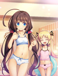 Rule 34 | 2girls, :d, ^ ^, ahoge, bare shoulders, black ribbon, blonde hair, blue eyes, blurry, blurry background, bow, bow panties, bra, breasts, cameltoe, charlotte izoard, chima q, closed eyes, collarbone, commentary request, crotch seam, gluteal fold, highres, hinatsuru ai, indoors, innertube, long hair, low twintails, multiple girls, navel, open mouth, panties, pink panties, ribbon, ryuuou no oshigoto!, shirt, small breasts, smile, swim ring, thigh gap, twintails, two side up, underwear, underwear only, very long hair, white bra, white panties, white shirt