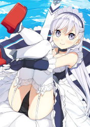 Rule 34 | 1girl, apron, ass, azur lane, belfast (azur lane), black panties, blue dress, blue gloves, blush, breasts, cleavage, cloud, collar, day, dress, elbow gloves, garter straps, gloves, grey eyes, highres, hugging own legs, leg lift, legs, legs together, legs up, long hair, looking at viewer, lying, maid headdress, medium breasts, on back, panties, reflection, ripples, silver hair, sky, smile, solo, thighhighs, underwear, water, white thighhighs
