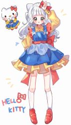 Rule 34 | 1girl, animal ears, apron, arm behind back, bad id, bad twitter id, blue apron, blunt bangs, bow, cat ears, character name, collared dress, dress, frilled apron, frills, full body, hair bow, hand up, hello kitty, hello kitty (character), highres, long hair, long sleeves, looking at viewer, parted lips, personification, puffy long sleeves, puffy sleeves, red bow, red footwear, sanrio, shoes, signature, socks, solo, standing, white background, white hair, white socks, yalmyu, yellow dress