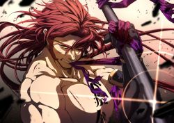 Rule 34 | 1boy, bara, blood, blood on clothes, fighting stance, japanese clothes, large pectorals, long hair, long sideburns, looking at viewer, male focus, moya moyashi2, muscular, pectorals, polearm, ponytail, red hair, sideburns, simple background, solo, tonbokiri, tonbokiri (touken ranbu), toned, toned male, touken ranbu, weapon, yellow eyes