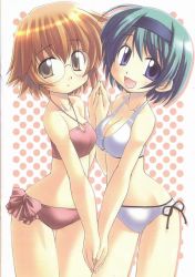 Rule 34 | 00s, 2girls, :d, :o, bandeau bikini, bare shoulders, bikini, blue bikini, blue eyes, breasts, brown eyes, brown hair, cleavage, collarbone, glasses, hairband, hands together, looking at viewer, multiple girls, navel, open mouth, parted lips, short hair, side-tie bikini bottom, simple background, small breasts, smile, standing, swimsuit, to heart (series), to heart 2, yamada michiru, yoshioka chie