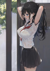 Rule 34 | 1girl, :o, arms behind head, arms up, black hair, black skirt, blush, breasts, harenchi, highres, large breasts, looking down, neckerchief, original, pleated skirt, profile, red neckerchief, school uniform, serafuku, shirt, skirt, solo, wet, wet clothes, wet hair, white shirt