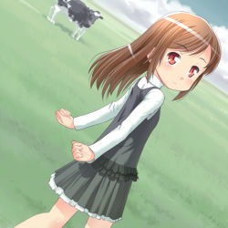 Rule 34 | 1girl, brown hair, cloud, cow, day, female focus, grass, looking back, meow (nekodenki), nature, original, outdoors, plant, red eyes, sky, solo