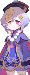 Rule 34 | 1girl, bead necklace, beads, braid, braided ponytail, earrings, genshin impact, hair ornament, half-closed eyes, hat, highres, jewelry, jiangshi, long sleeves, looking at viewer, necklace, purple eyes, purple hair, qingdai guanmao, qiqi (genshin impact), simple background, sleeves past wrists, solo, sumiyao (amam), thighhighs, white background, wide sleeves