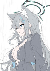 Rule 34 | 1girl, absurdres, animal ear fluff, animal ears, bad id, bad pixiv id, black choker, black jacket, black shirt, blue archive, blue eyes, breasts, choker, cleavage, closed mouth, cropped jacket, cross hair ornament, earrings, extra ears, grey hair, hair between eyes, hair ornament, halo, highres, jacket, jewelry, large breasts, long hair, long sleeves, looking away, masabodo, open clothes, open jacket, rain, shiroko (blue archive), shiroko terror (blue archive), shirt, simple background, solo, white background