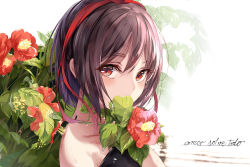 Rule 34 | 1girl, absurdres, blush, covered mouth, covering own mouth, eien no juu nana-sai, english text, flower, hair between eyes, highres, leaf, looking at viewer, red eyes, shameimaru aya, short hair, simple background, solo, touhou, upper body, wet, white background