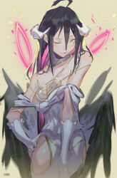 Rule 34 | 1girl, ;), albedo (overlord), bare shoulders, black hair, black wings, blush, breasts, cleavage, feathered wings, gloves, horns, krin (krinnin), long hair, one eye closed, overlord (maruyama), smile, solo, white gloves, wings, yellow eyes