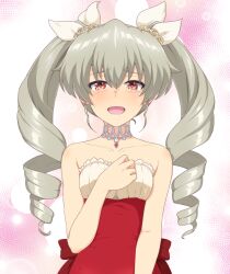 Rule 34 | 1girl, absurdres, ada badguy, anchovy (girls und panzer), bare shoulders, birthday, blush, commentary request, crying, crying with eyes open, drill hair, girls und panzer, green hair, hair ribbon, hand on own chest, happy birthday, happy tears, highres, long hair, looking at viewer, open mouth, red eyes, ribbon, smile, solo, tears, twin drills, twintails, white ribbon