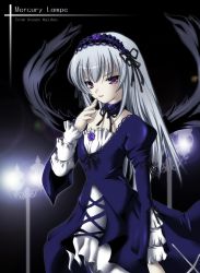 Rule 34 | 00s, black background, goth fashion, lolita fashion, pale skin, purple eyes, rozen maiden, silver hair, simple background, solo, suigintou, tagme, wings