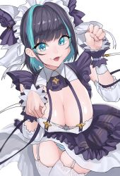 Rule 34 | 1girl, animal ears, apron, aqua eyes, aqua hair, azur lane, black hair, blush, breasts, cheshire (azur lane), cleavage, covered erect nipples, detached sleeves, dress, fangs, frilled hairband, frilled headband, frills, garter straps, hairband, highres, large breasts, looking at viewer, maid headdress, multicolored hair, ootani nonno, open mouth, panties, paw pose, puffy detached sleeves, puffy sleeves, purple apron, ribbon, simple background, smile, solo, streaked hair, striped clothes, striped panties, thighhighs, tongue, underwear, white background, white dress, white thighhighs, wrist cuffs