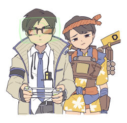 Rule 34 | 1boy, 1girl, animification, apex legends, black gloves, black hair, brown eyes, brown jacket, collared shirt, confused, crypto (apex legends), fingerless gloves, gloves, head tilt, highres, holding, holographic monitor, inconspicuous crypto, jacket, jetpack, looking at viewer, missile pod, nojima minami, official alternate costume, omatsuri fury valkyrie, shirt, short hair, sunglasses, valkyrie (apex legends), white background, white shirt