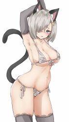 Rule 34 | 1girl, animal ears, arm behind head, arms up, bikini, blue eyes, breasts, cat ears, cat tail, chigasaki yukari, front-tie bikini top, front-tie top, gloves, grey gloves, grey hair, grey thighhighs, hair ornament, hair over one eye, hairclip, hamakaze (kancolle), highres, kantai collection, large breasts, looking at viewer, micro bikini, short hair, side-tie bikini bottom, simple background, solo, striped bikini, striped clothes, swimsuit, tail, thighhighs, white background
