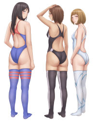 Rule 34 | 3girls, arm at side, arm up, ass, black eyes, black hair, black legwear, black one-piece swimsuit, blue legwear, blue one-piece swimsuit, breasts, brown eyes, brown hair, hand on own head, helpig, highres, looking at viewer, looking back, multiple girls, one-piece swimsuit, original, small breasts, standing, swimsuit, thighhighs, white background, white legwear, white one-piece swimsuit