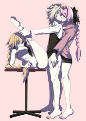 Rule 34 | 1girl, 2boys, ahoge, anal, arm around waist, arm support, ass, astolfo (fate), barefoot, bisexual male, black neckwear, blonde hair, blue eyes, blush, bottomless, bow, braid, closed eyes, fate/apocrypha, fate (series), food, grey hair, group sex, hair bow, highres, hood, hoodie, implied sex, jacket, jeanne d&#039;arc (fate), jeanne d&#039;arc (girl from orleans) (fate), jeanne d&#039;arc (ruler) (fate), kiss, legs up, long hair, lucky pierre, mmf threesome, multicolored hair, multiple boys, necktie, open clothes, open jacket, open mouth, pink background, pink hair, sandwiched, sex, shirt, sieg (fate), simple background, single braid, sleeveless, sleeveless shirt, spread legs, streaked hair, tajima yoshikazu, threesome, white shirt