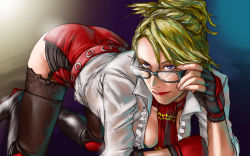 Rule 34 | 1girl, adjusting eyewear, all fours, arched back, blonde hair, breasts, cleavage, fingerless gloves, garter straps, glasses, gloves, miniskirt, miss spencer, necktie, rumble roses, skirt, sleeves rolled up, solo, take (draghignazzo), thighhighs, wallpaper
