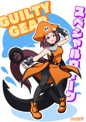 1998 1girl absurdres anchor aonoji black_gloves black_pantyhose blush brown_hair character_name copyright_name cosplay fingerless_gloves full_body gloves guilty_gear hat hat_ornament highres holding holding_anchor horse_girl looking_at_viewer may_(guilty_gear) may_(guilty_gear)_(cosplay) multicolored_hair open_mouth orange_footwear orange_hat pantyhose pirate_hat purple_eyes short_hair skull_and_crossbones skull_hat_ornament sleeveless solo special_week_(umamusume) two-tone_hair umamusume white_hair