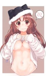 Rule 34 | 1girl, artist name, bad id, bad twitter id, breasts, brown hair, clothes lift, cropped torso, dated, embarrassed, flipped hair, fur trim, hat, heart, long hair, medium breasts, navel, no bra, original, pink eyes, shirt lift, simple background, solo, speech bubble, spoken blush, spoken heart, tears, underwear, underwear only, vyowolf, wavy mouth