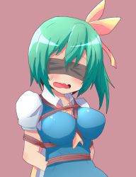 Rule 34 | 1girl, arms behind back, ascot, bdsm, blindfold, blush, bondage, bound, box tie, breast bondage, breasts, daiyousei, dress, fairy wings, female focus, green hair, hair ribbon, highres, kuromu (underporno), large breasts, long hair, open mouth, ribbon, rope, side ponytail, simple background, solo, touhou, wavy mouth, wings