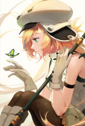 Rule 34 | 1girl, ankoru, artoria caster (fate), artoria caster (first ascension) (fate), artoria pendragon (fate), blonde hair, boots, bug, butterfly, fate/grand order, fate (series), gloves, green eyes, hat, insect, long hair, pantyhose, sitting, staff, white gloves
