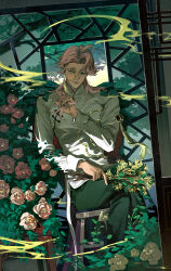 Rule 34 | 1boy, absurdres, architecture, bouquet, bush, camellia, camellia cookie, cape, changpao, chinese clothes, closed mouth, cookie run, cowlick, crossed legs, curtained hair, east asian architecture, feet out of frame, flower, green cape, green eyes, green pants, highres, holding, holding bouquet, humanization, leaf, lips, long sleeves, looking at viewer, male focus, medium hair, monocle, mullet, name connection, object namesake, pants, parted bangs, pink flower, pink hair, robe, royan, sitting, sleeve cuffs, smile, smoke, solo, stool, tassel, twirling hair, white flower, white robe, window, yellow flower