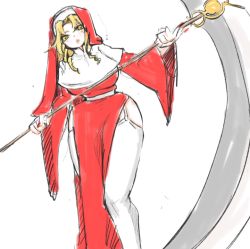 Rule 34 | alternate costume, alternate hairstyle, artist request, blonde hair, breasts, dress, elly (touhou), garter straps, holding, holding weapon, lips, long sleeves, lotus land story, nail, nail art, negataipa, nun, pantyhose, red dress, scythe, tagme, thick thighs, thighs, touhou, touhou (pc-98), weapon, white background, yellow eyes