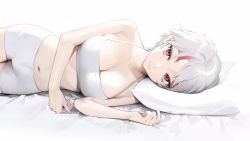 Rule 34 | 1girl, aked hair, bare arms, bare shoulders, bed sheet, breasts, cleavage, closed mouth, collarbone, grey hair, han&#039;you no yashahime, highres, higurashi towa, inuyasha, large breasts, looking at viewer, lying, midriff, multicolored hair, navel, ohisashiburi, on side, pillow, red eyes, red hair, short hair, short shorts, shorts, simple background, smile, solo, sports bra, stomach, tomboy, two-tone hair, underwear, underwear only, white background