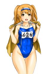 Rule 34 | 1girl, blue one-piece swimsuit, brown eyes, brown shirt, covered navel, cowboy shot, hairband, highleg, highleg swimsuit, i-26 (kancolle), kantai collection, kudou (ooabareteng), light brown hair, long hair, looking at viewer, name connection, new school swimsuit, one-piece swimsuit, open clothes, open shirt, sailor collar, school swimsuit, shirt, simple background, smile, solo, standing, swimsuit, thigh gap, thighs, two-tone hairband, two side up, white background, white sailor collar