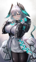 Rule 34 | 1girl, :d, absurdres, arknights, black pantyhose, blue eyes, breasts, commentary request, cowboy shot, dress, grey background, grey dress, grey hair, hair between eyes, hands up, highres, ho&#039;olheyak (arknights), large breasts, long sleeves, looking at viewer, open mouth, pantyhose, pencil dress, poni (poni arknights), short dress, short hair, smile, solo, standing, tail, thighs