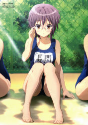Rule 34 | 10s, 3girls, absurdres, adjusting eyewear, animedia, barefoot, blush, brown eyes, chain-link fence, day, feet, fence, glasses, highres, ikeda shouko, knees together feet apart, knees up, looking at viewer, megami magazine, multiple girls, nagato yuki, non-web source, official art, one-piece swimsuit, outdoors, pool, poolside, purple hair, scan, school swimsuit, short hair, sitting, solo focus, suzumiya haruhi no shoushitsu, suzumiya haruhi no yuuutsu, swimsuit, toes, wet, wet hair