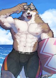 Rule 34 | 1boy, :d, abs, absurdres, bara, black male swimwear, bulge, dog boy, feet, fluffy, furry, goggles, goggles on head, highres, holding, holding surfboard, jammers, large pectorals, looking at viewer, male focus, male swimwear, mature male, muscular, muscular male, navel, navel hair, nipples, ocean, one eye closed, open mouth, original, pectorals, short hair, smile, solo, standing, stomach, strongman waist, surfboard, thick eyebrows, thick thighs, thighs, topless male, wet male swimwear, yang geon