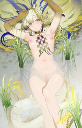 Rule 34 | 1girl, absurdres, arknights, armpits, blue eyes, blue hair, breasts, chinese commentary, cleft of venus, colored skin, commentary request, completely nude, earrings, green eyes, green skin, highres, inverted nipples, jewelry, long hair, looking at viewer, multicolored hair, navel, necklace, nude, partially submerged, pointy ears, pussy, rice paddy, shu (arknights), small breasts, smile, solo, tail, uncensored, vamjulian, very long hair, white hair