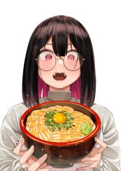 Rule 34 | 1girl, absurdres, black hair, blush, bowl, colored inner hair, commentary request, food, food focus, highres, long sleeves, medium hair, multicolored hair, open mouth, original, pink hair, red eyes, round eyewear, salmon, shadow, shinme08, smile, solo, sparkle, upper body