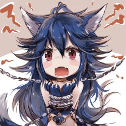 Rule 34 | &gt;:(, 10s, 1girl, ahoge, angry, animal ears, animal hands, antenna hair, bare shoulders, blue hair, blush, bound, bound wrists, chain, chibi, choker, claws, fangs, fenrir (shingeki no bahamut), frown, granblue fantasy, hair between eyes, jewelry, long hair, looking at viewer, necklace, open mouth, pink eyes, shingeki no bahamut, simple background, solo, sukemyon, tail, tied up, v-shaped eyebrows, very long hair, white background, wolf ears, wolf paws, wolf tail