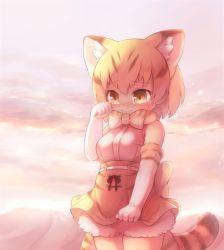 Rule 34 | 10s, 1girl, animal ears, belt, blonde hair, blush, bow, bowtie, cat ears, cat tail, cloud, cowboy shot, crying, crying with eyes open, extra ears, gloves, hand up, high-waist skirt, kemono friends, matsuu (akiomoi), outdoors, print bow, print bowtie, print gloves, print neckwear, print skirt, sand cat (kemono friends), sand cat print, shirt, skirt, skirt hold, sky, sleeveless, sleeveless shirt, solo, tail, tears, white belt, white gloves, wiping tears, yellow eyes, yellow skirt