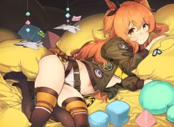 Rule 34 | 92m, aircraft, airplane, animal ears, belt, belt buckle, black ribbon, black thighhighs, bow, brown eyes, buckle, closed mouth, crop top, dog tags, ear ribbon, fighter jet, full body, green jacket, hair between eyes, horse ears, horse girl, jacket, jet, long hair, long sleeves, looking at viewer, lying, mayano top gun (umamusume), military, military vehicle, mini flag, navel, on side, open clothes, open jacket, orange hair, pillow, ribbon, shirt, shorts, smile, solo, stomach, thighhighs, thighs, two side up, umamusume, white shorts, yellow shirt