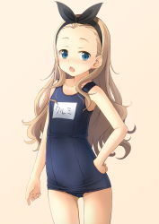 Rule 34 | 1girl, bare arms, bare shoulders, black hairband, black ribbon, blonde hair, blue eyes, blue one-piece swimsuit, blush, brown background, chestnut mouth, collarbone, commentary request, forehead, hair ribbon, hairband, hand on own hip, highres, kurumi (lycoris recoil), long hair, looking at viewer, lycoris recoil, old school swimsuit, one-piece swimsuit, open mouth, ribbon, school swimsuit, shibacha, simple background, solo, standing, swimsuit, very long hair