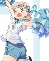 Rule 34 | 10s, 1girl, ;d, aki (girls und panzer), armpit peek, blonde hair, blue footwear, blue hairband, blue shorts, blurry, blush, breasts, cheerleader, commentary request, cowboy shot, depth of field, emblem, finnish flag, flag background, from behind, girls und panzer, green eyes, gym uniform, hairband, holding, keizoku (emblem), looking back, low twintails, one eye closed, open mouth, outstretched arms, pairan, pom pom (cheerleading), shirt, shoes, short hair, shorts, small breasts, smile, solo, sweat, tareme, twintails, twisted torso, two-tone background, white shirt