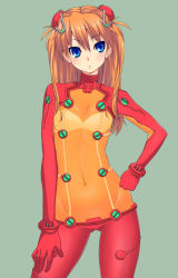 Rule 34 | 00s, 1girl, bad id, bad pixiv id, blue eyes, bodysuit, breasts, cleavage, evangelion: 2.0 you can (not) advance, female focus, hand on own hip, highres, hip focus, kou (garakuta teikoku), long hair, multicolored clothes, navel, neon genesis evangelion, orange hair, plugsuit, rebuild of evangelion, red hair, see-through, see-through cleavage, simple background, solo, souryuu asuka langley, test plugsuit, twintails