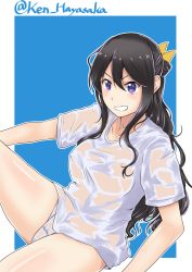 Rule 34 | 10s, 1girl, alternate hair color, artist name, black hair, blue background, blue eyes, bow, collarbone, grin, hair bow, highres, kantai collection, ken hayasaka, knee up, long hair, looking at viewer, naganami (kancolle), no pants, panties, pantyshot, see-through, shirt, sidelocks, simple background, sitting, smile, solo, t-shirt, thighs, twitter username, underwear, wavy hair, wet, wet clothes, yellow bow