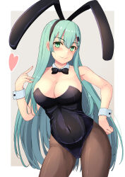 Rule 34 | 1girl, absurdres, animal ears, aqua eyes, aqua hair, black leotard, bow, bowtie, breasts, brown pantyhose, covered navel, cowboy shot, detached collar, fake animal ears, fake tail, grey background, hair ornament, hairclip, highres, kantai collection, large breasts, leotard, long hair, looking at viewer, pantyhose, playboy bunny, rabbit ears, solo, strapless, strapless leotard, suzuya (kancolle), tail, traditional bowtie, tsukimoto reiji, white background, wrist cuffs