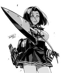 Rule 34 | 10s, 1girl, artist name, breasts, commentary request, female focus, glaive (polearm), gloves, greyscale, holding, holding spear, holding weapon, kantai collection, large breasts, looking at viewer, monochrome, polearm, school uniform, short hair, signature, simple background, smile, solo, spear, tachibana roku, tatsuta (kancolle), weapon, white background