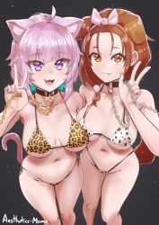 Rule 34 | 2girls, :3, aestheticc-meme, ahoge, animal collar, animal ears, animal print, artist name, bangs pinned back, bikini, black background, bow, breasts, breasts apart, brown eyes, brown hair, cat ears, cat tail, chain, chain leash, choker, collar, collarbone, cowboy shot, dalmatian print, dog ears, dog tail, eyelashes, fang, gold chain, hair bow, hair ornament, highres, holding, holding chain, hololive, inugami korone, knees, large breasts, leash, leopard print, long hair, looking at viewer, low-tied long hair, medium breasts, multiple girls, navel, nekomata okayu, official alternate costume, pom pom (clothes), pom pom hair ornament, print bikini, purple eyes, purple hair, side-tie bikini bottom, smile, star (symbol), starry background, swimsuit, tail, thighs, thong bikini, tsurime, underboob, v, viewer holding leash, virtual youtuber